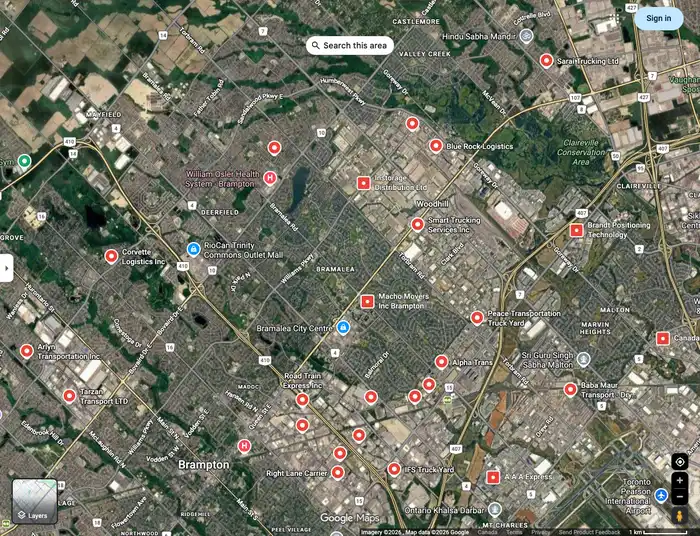 Aerial view of Brampton Ontario trucking district showing dozens of trucking companies and yards
