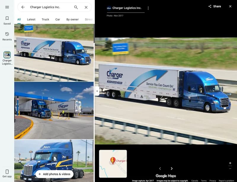 Charger Logistics Inc branded blue truck in Brampton, the company with the most reviews at 471